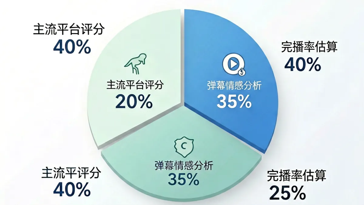 96视频内容评分系统的三维加权示意图，展示播放量弹幕和完播率三个维度的比例关系