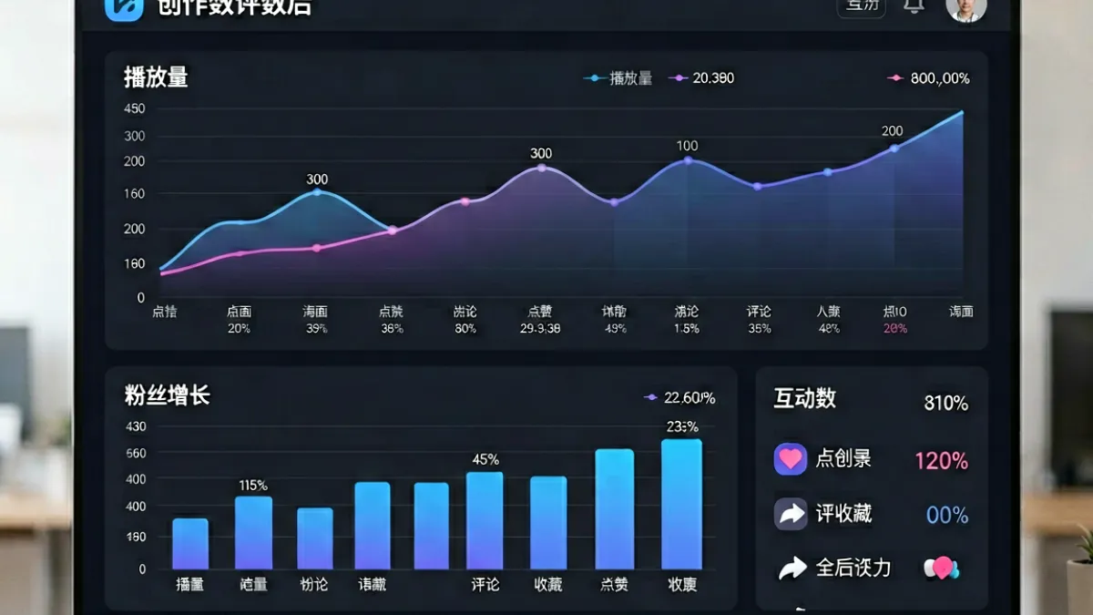 96视频创作者后台数据看板，显示播放量趋势、粉丝增长和内容互动统计数据