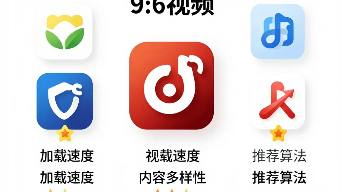 多个视频平台图标并排对比展示，突出96视频在加载速度和内容多样性方面的优势