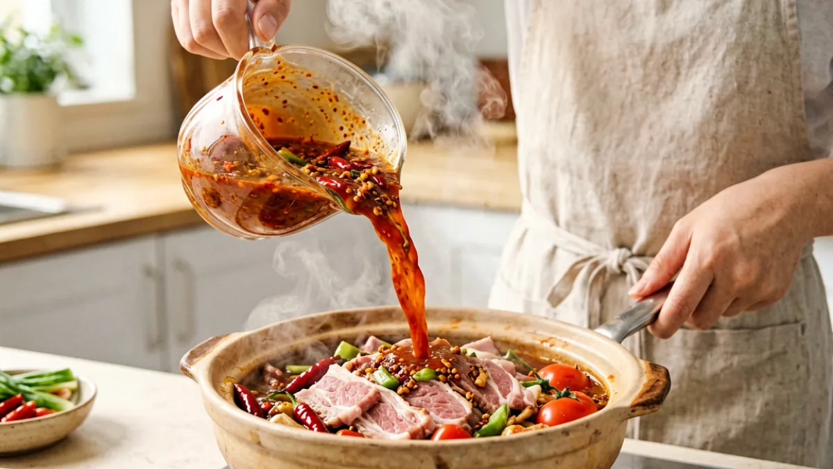 96视频平台上一位美食博主在厨房中制作网红酸汤肥牛的实拍画面