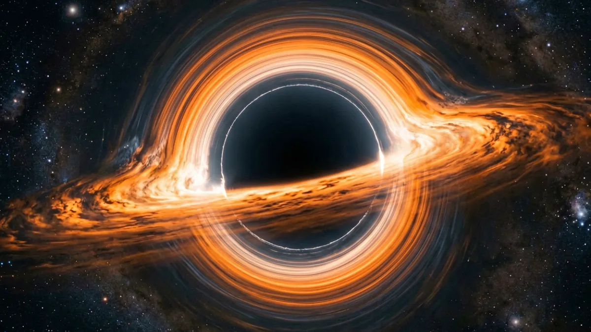 96视频热门科普视频封面，动画演示宇宙黑洞吸积盘旋转的宏观景象